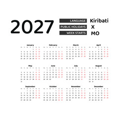 Calendar 2027 English language with Kiribati public holidays. Week starts from Monday. Graphic design vector illustration.