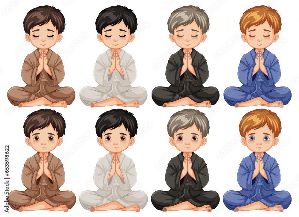 Sticker Cartoon Illustration of Boys Sitting in Clam Praying