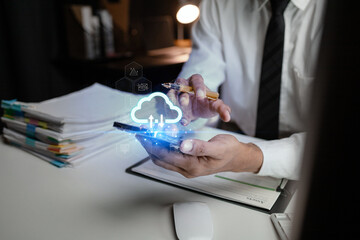 Businessmen are using 5G internet signals on mobile phones to upload data and use social media, working online on mobile phones and connecting to the internet. Concept of using 5G internet.