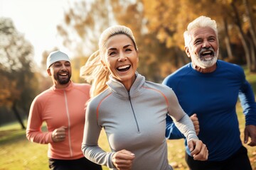A multiethnic group of friends of different genders and ages during a running workout in the park. Joint training to motivate youth and maintain health in middle age.
