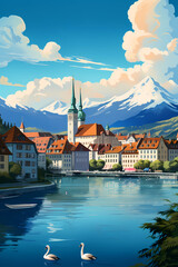 Naklejka premium Illustration of beautiful view of Lucerne, Switzerland
