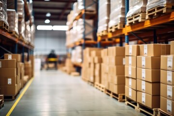 Huge warehouse. Product distribution center. Retail warehouse full of shelves with goods in cartons, with pallets and forklifts. Logistics and transportation blurred background. Format photo 3:2.