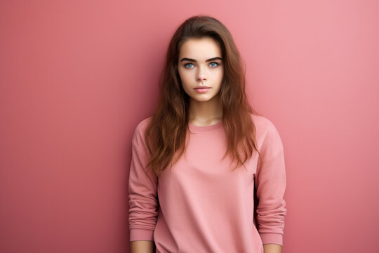 young woman giving pose, light-colored background minimalistic style