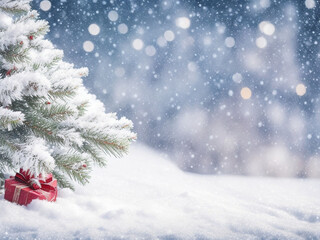 Christmas background. Winter landscape. Snow covered fir tree with gift box.