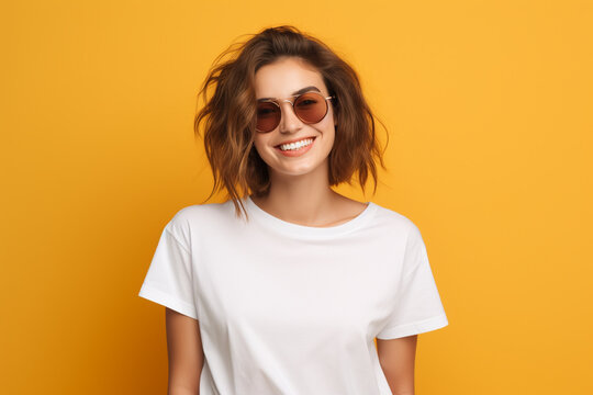 relaxed carefree smiling young woman wearing white casual t-shirt and glasses colored background