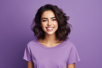 Fototapeta premium young beautiful woman in casual clothes happy and cheerful smiling violet background