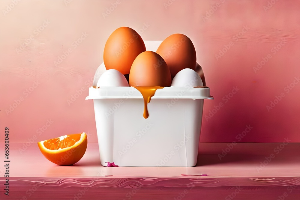 Wall mural Side view of pink eggs in white carton partly covered with thick orange paint, its flows running down on pink  table - Wall murals