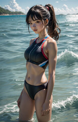 Beautiful classy woman on the beach under the coconut tree. Attractive girl in bikini posing on the beach.