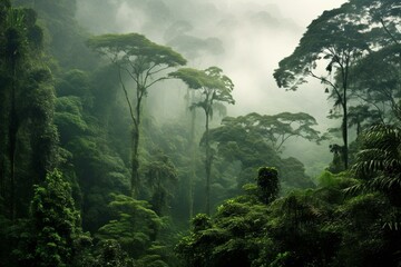 Misty rainforest canopy view. Generative AI - obrazy, fototapety, plakaty