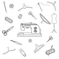 Sewing kit in outline style on white background