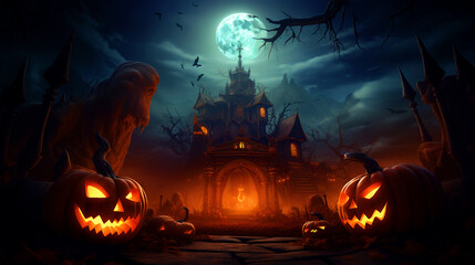 Scary pumpkins and haunted house Halloween background - ai generative