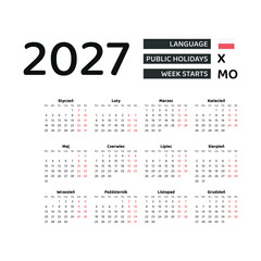 Calendar 2027 Polish language with Poland public holidays. Week starts from Monday. Graphic design vector illustration.