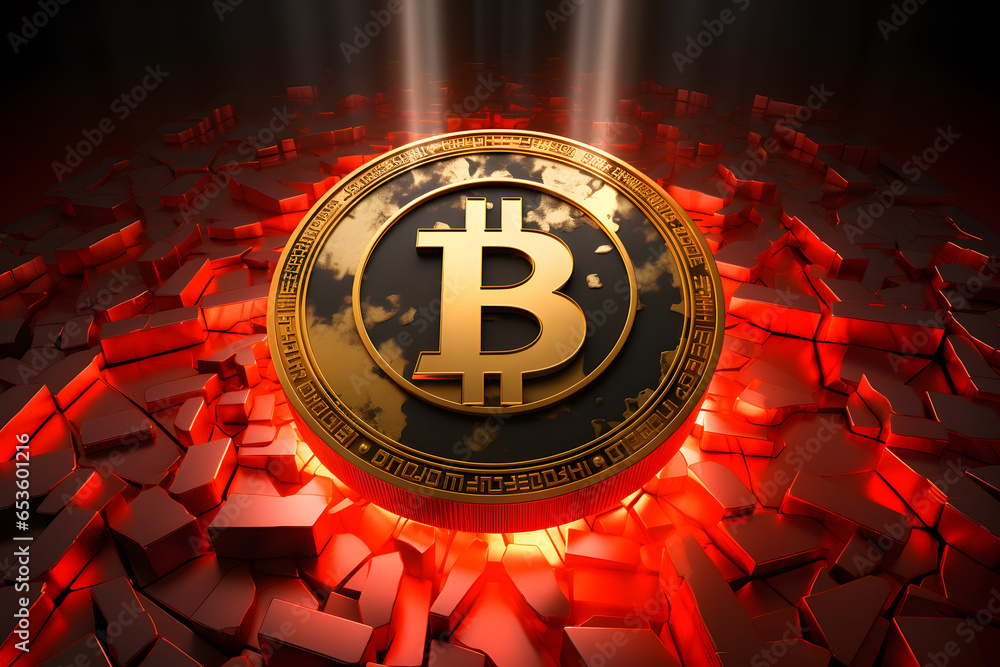 Aufkleber Close up crypto currency bitcoin with red light. decentralize technology digital asset sound of money. store of value. 