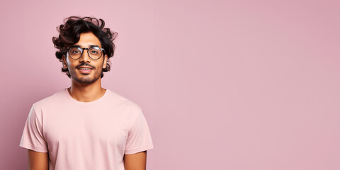 Handsome indian man wearing pink t-shirt and glasses. Isolated on pink background. - obrazy, fototapety, plakaty