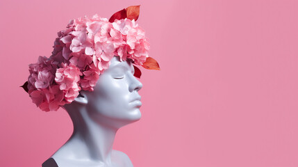 Female mannequin head with pink flower wreath on pink background - obrazy, fototapety, plakaty