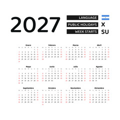 Calendar 2027 Spanish language with Nicaragua public holidays. Week starts from Sunday. Graphic design vector illustration.