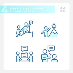 Pixel perfect blue simple icons collection representing soft skills, editable thin linear illustration.