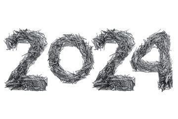 Calendar header number 2024 made of small metal nails on a white background. Happy New Year 2024...