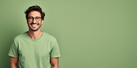 Handsome brunette man wearing green t-shirt and glasses. Isolated on green background.