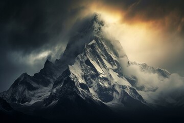 Dramatic peak amidst stormy mountains. Generative AI
