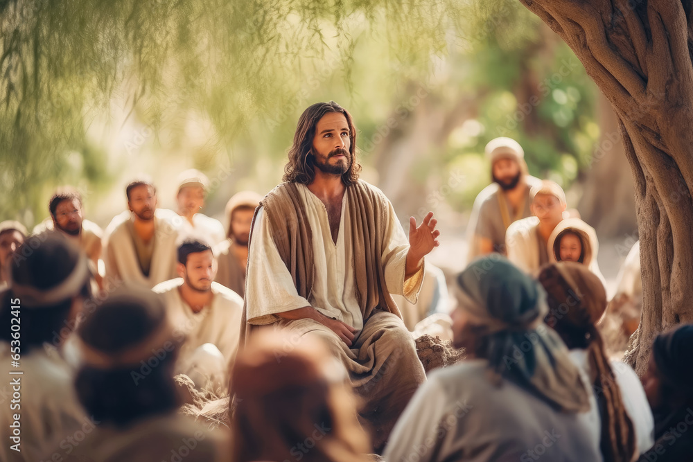 Poster image of jesus christ is preaching to the people , helping them receive the believe faith religious