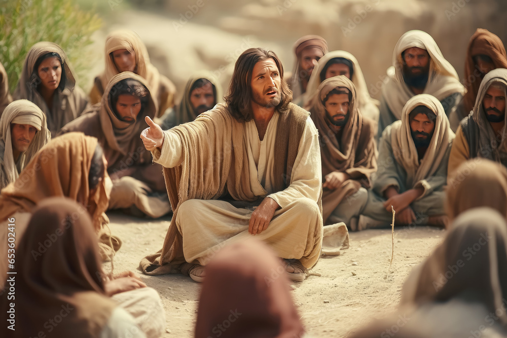 Sticker image of jesus christ is preaching to the people , helping them receive the believe faith religious