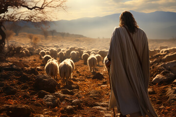 Image of Shepherd Jesus Christ leading the sheep and praying to God - obrazy, fototapety, plakaty