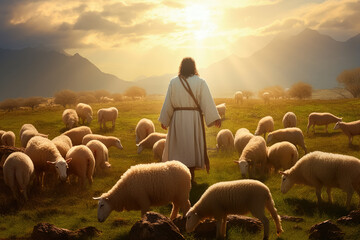 Image of Shepherd Jesus Christ leading the sheep and praying to God - obrazy, fototapety, plakaty