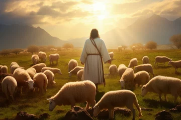 Fotobehang Image of Shepherd Jesus Christ leading the sheep and praying to God © Atchariya63