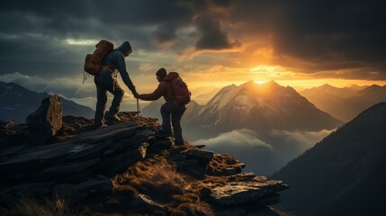 Fototapeta premium teamwork Friends helping each other reach the mountain peak friendship, teamwork of two mountain climbers helping each other on the mountain peak, mountain climbing team, beautiful sunrise landscape.