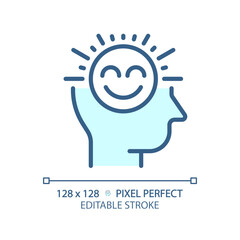 2D pixel perfect editable blue positive thinking icon, isolated vector, thin line illustration representing soft skills.