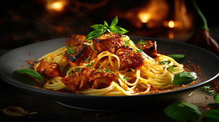 Spaghetti with tandoori sauce. Created with Generative AI.