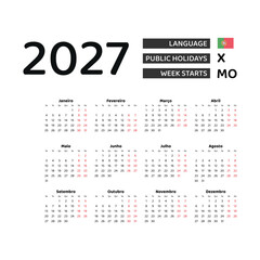 Calendar 2027 Portuguese language with Portugal public holidays. Week starts from Monday. Graphic design vector illustration.