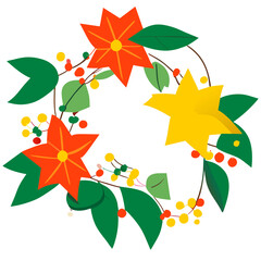 Fototapeta premium The Christmas festival has Christmas trees, lights, ornaments, wreaths, stockings, garlands, snowflakes, and a nativity scene.