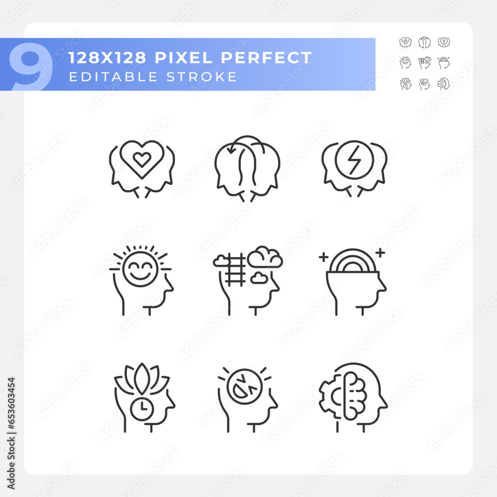 Wall mural 2D pixel perfect icons collection representing soft skills, editable black thin line illustration.