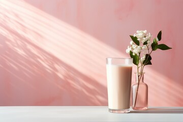Super food. A glass of natural strawberry collagen protein powder in a glass of water for skin regeneration. Fashionable nutritional supplements. pastel background - obrazy, fototapety, plakaty