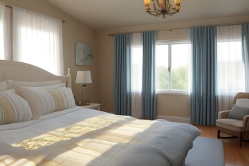 Fototapeta premium **Generate a detailed description of a cozy bedroom with sunlight streaming through sheer curtains. 