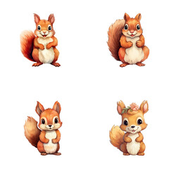set of cute squirrel watercolor illustrations for printing on baby clothes, sticker, postcards, baby showers, games and books, safari jungle animals vector