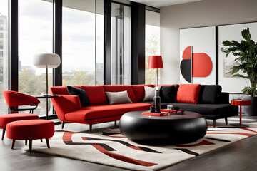 A sleek and minimalist living room with floor-to-ceiling windows, featuring a bold color palette of black, white, and pops of vibrant red. 