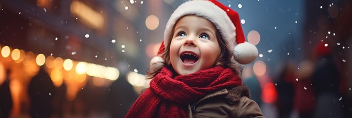 banner surprised excited  Christmas Child, Happy Baby Boy on festive Christmas background outside,...