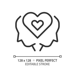 2D pixel perfect editable black empathy icon, isolated vector, thin line illustration representing soft skills.