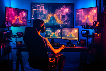 Professional gamer playing online video games on his computer in neon light.