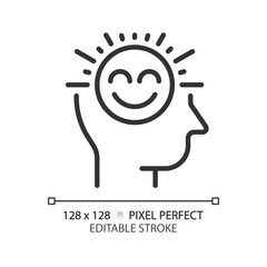 2D pixel perfect editable black positive thinking icon, isolated vector, thin line illustration representing soft skills.