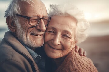 Elderly happy couple beach. Family portrait. Generate Ai
