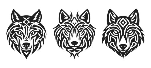 Tribal tattoo of the wolf head in Celtic and Nordic ornament flat style design vector illustration set isolated on white background. Scandinavian Viking symbol of wolf, tribal northern culture tattoo.