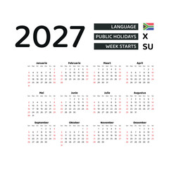 Calendar 2027 Afrikaans language with South Africa public holidays. Week starts from Sunday. Graphic design vector illustration.