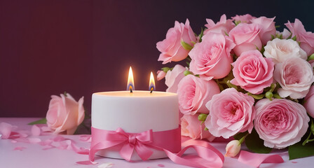 Fototapeta na wymiar Roses background, beautiful pink roses with white two-wick candle, horizontal