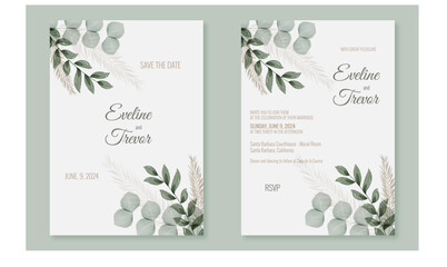 Wedding Invitation Card Layout with green leaves. Style rustic.