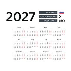 Calendar 2027 Slovenian language with Slovenia public holidays. Week starts from Monday. Graphic design vector illustration.