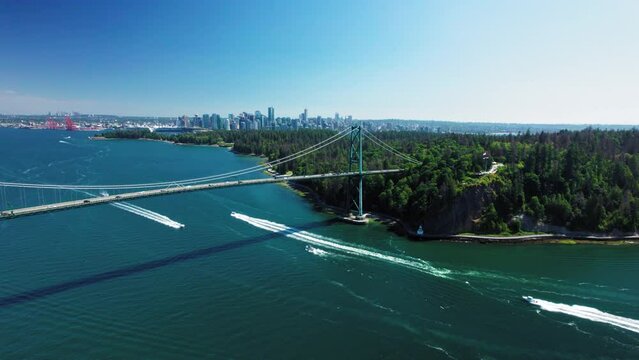 Epic Boating Aerial in Vancouver Canada with Lions Gate Bridge